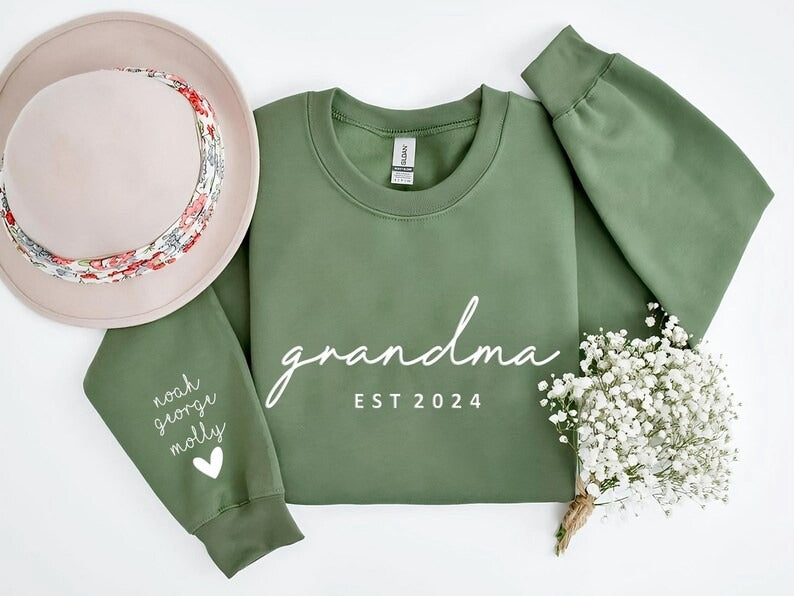 Personalised Grandma Sweatshirt, Custom Embossed Est Date Puff Printed Sweater, Grandkids Names on Sleeve Crewneck Jumper, Mothers Day Gifts