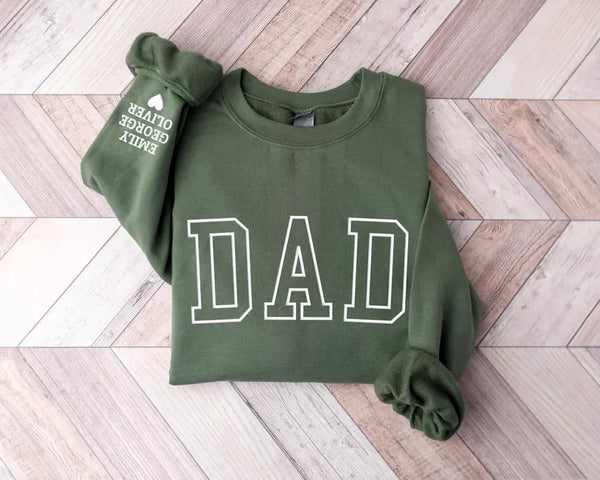 Personalised Dad Sweatshirt, Custom Kids Name On Sleeve Puff Printed Sweater, Embossed Fathers Day Jumper, Dad Birthday Gifts, New Dad Gift