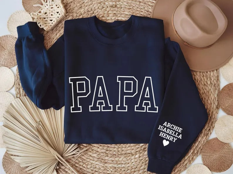Personalised Dad Sweatshirt, Custom Kids Name On Sleeve Puff Printed Sweater, Embossed Fathers Day Jumper, Dad Birthday Gifts, New Dad Gift