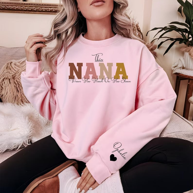 This Nana Wears Her Heart on Her Sleeve Sweater, Personalised Nana Sweatshirt, Custom Kids Names on Sleeve Jumper, Mother Day Gifts for Nana