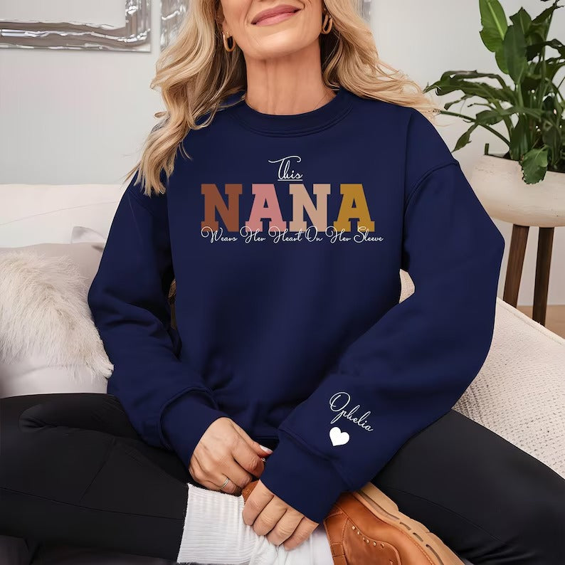 This Nana Wears Her Heart on Her Sleeve Sweater, Personalised Nana Sweatshirt, Custom Kids Names on Sleeve Jumper, Mother Day Gifts for Nana