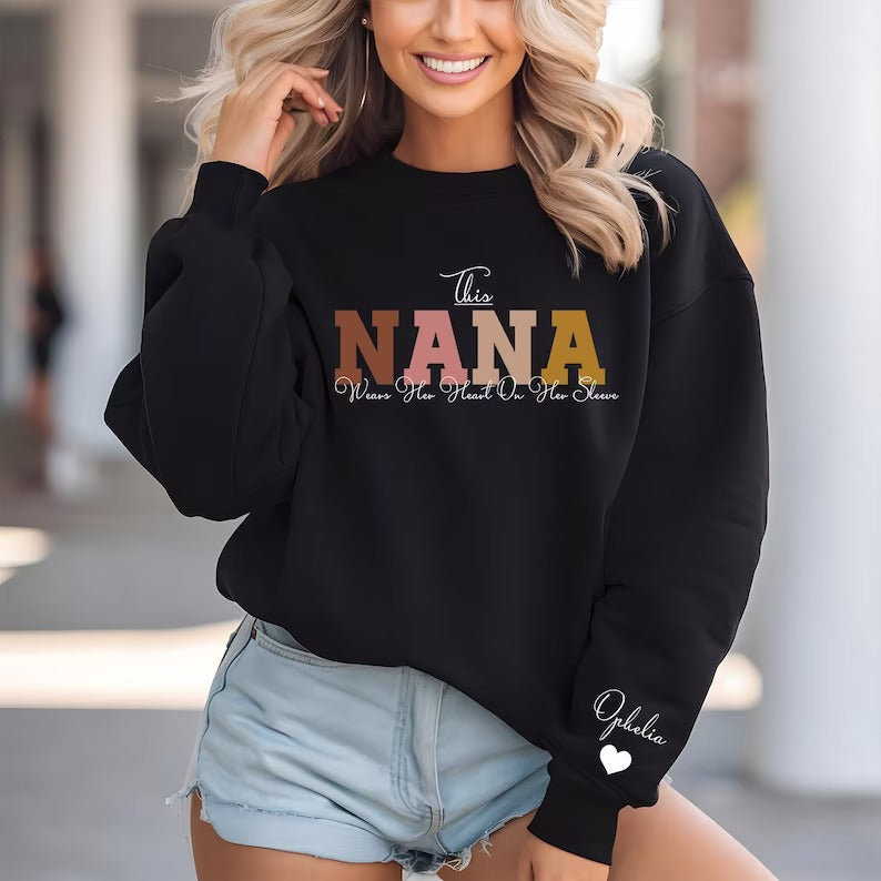 This Nana Wears Her Heart on Her Sleeve Sweater, Personalised Nana Sweatshirt, Custom Kids Names on Sleeve Jumper, Mother Day Gifts for Nana
