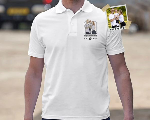 Personalized Portrait Photo Polo Shirt, Embroidered Family Sketch Shirt, Custom Song Name Album Monogrammed Polo, Memorial Anniversary Gift