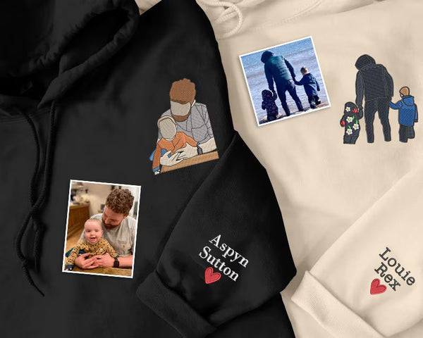 Embroidered Dad Portrait from Photo Hoodie, Personalized Sketch Hoodie with Name, Custom Fathers Day Jumper, Memorial Best Gift for Daddy