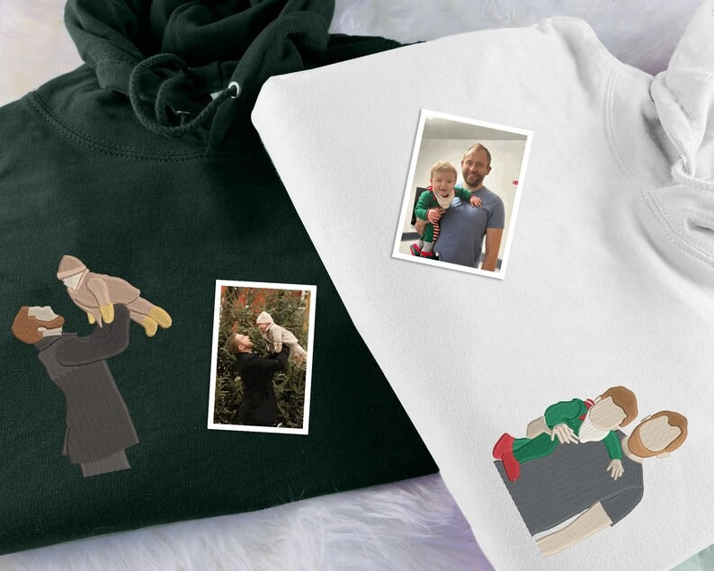 Embroidered Dad Portrait from Photo Hoodie, Personalized Sketch Hoodie with Name, Custom Fathers Day Jumper, Memorial Best Gift for Daddy