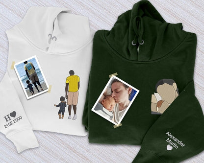 Embroidered Dad Portrait from Photo Hoodie, Personalized Sketch Hoodie with Name, Custom Fathers Day Jumper, Memorial Best Gift for Daddy