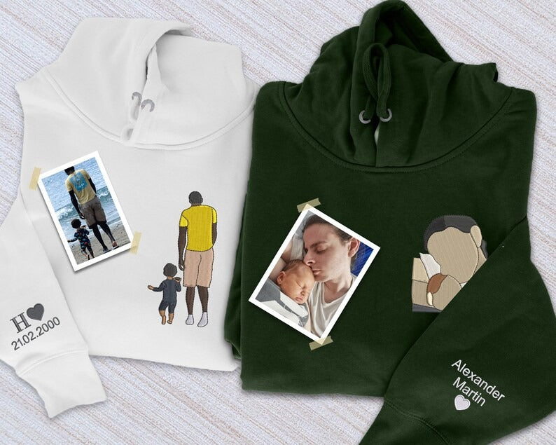 Embroidered Dad Portrait from Photo Hoodie, Personalized Sketch Hoodie with Name, Custom Fathers Day Jumper, Memorial Best Gift for Daddy