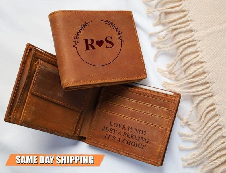 Personalized Leather Bifold Wallet, Custom Photo Engraved Men's Wallet, Premium Leather Wallet, Anniversary Gift for Him, Father's Day Gifts