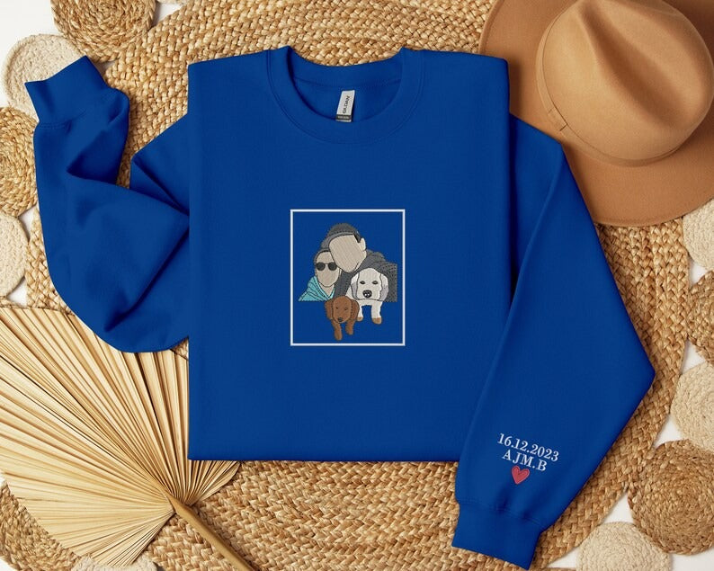 Personalised Dad Photo Sketch Sweatshirt, Embroidered Portrait Sweater with Initials, Custom Fathers Day Sweatshirt, Birthday Gift for Daddy