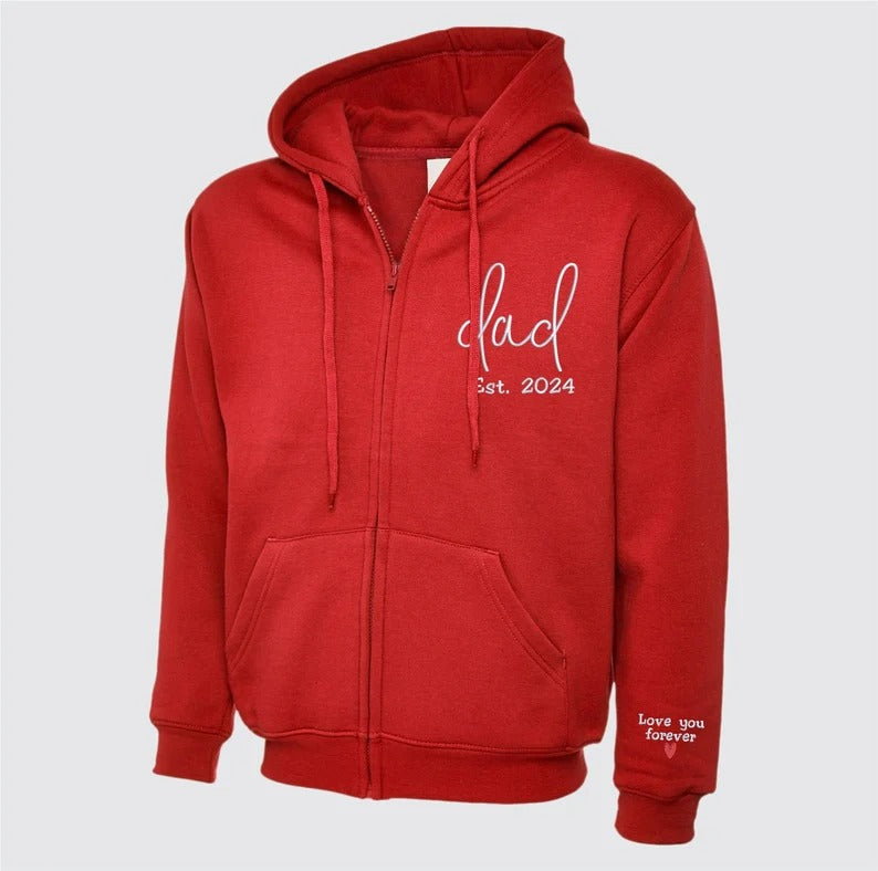 Embroidered Dad Zip Up Hoodie, Custom Text with Heart on Sleeve Jumpers, Personalized Est Date Dad Hoody, Father Day Gifts for Grandfather