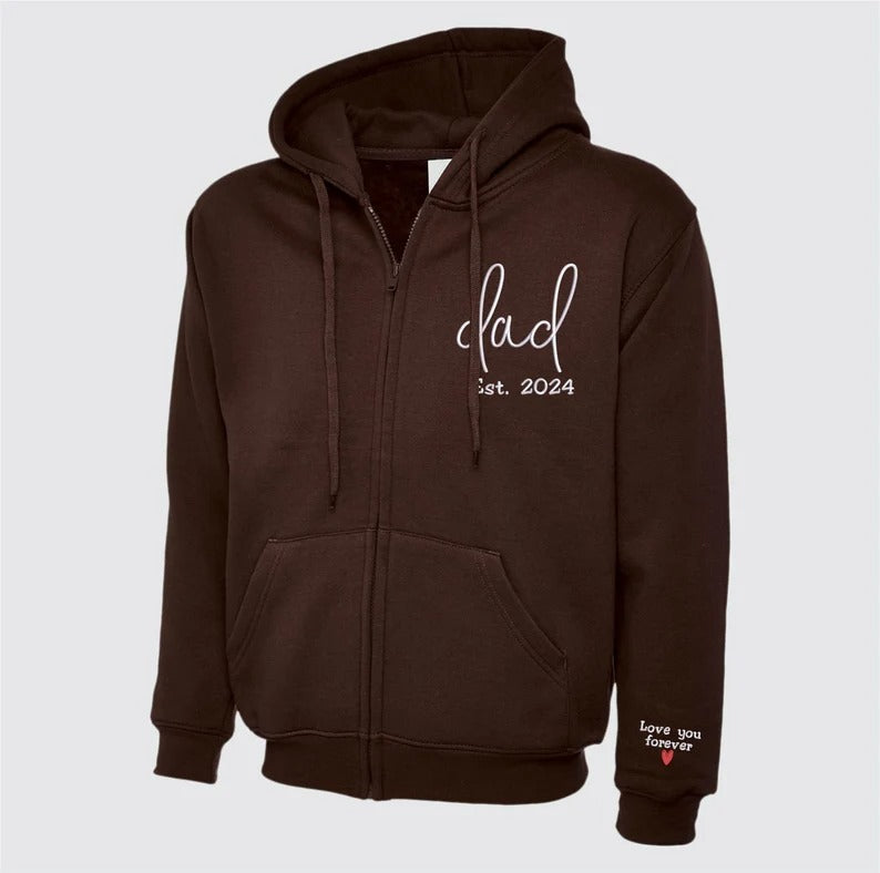 Embroidered Dad Zip Up Hoodie, Custom Text with Heart on Sleeve Jumpers, Personalized Est Date Dad Hoody, Father Day Gifts for Grandfather