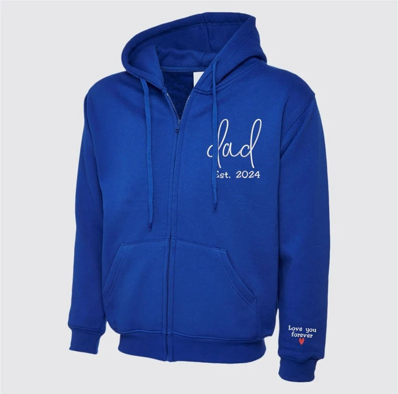 Embroidered Dad Zip Up Hoodie, Custom Text with Heart on Sleeve Jumpers, Personalized Est Date Dad Hoody, Father Day Gifts for Grandfather