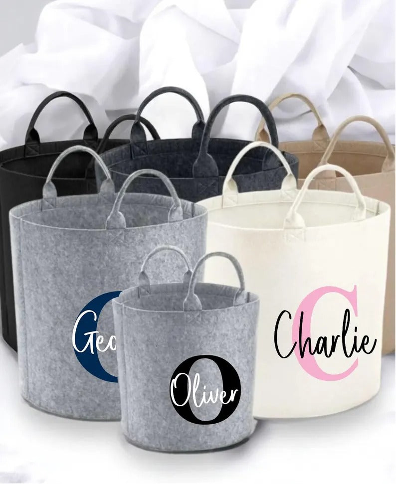 Personalised Felt Storage Basket with Initials, Custom Toy Organizer, Kids Room Printed Baskets, Baby Shower Gift, Pet Toy Bin, Gift for Her