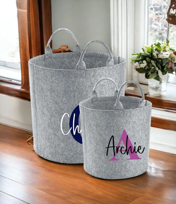 Personalised Felt Storage Basket with Initials, Custom Toy Organizer, Kids Room Printed Baskets, Baby Shower Gift, Pet Toy Bin, Gift for Her