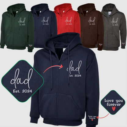 Embroidered Dad Zip Up Hoodie, Custom Text with Heart on Sleeve Jumpers, Personalized Est Date Dad Hoody, Father Day Gifts for Grandfather