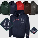 Embroidered Dad Zip Up Hoodie, Custom Text with Heart on Sleeve Jumpers, Personalized Est Date Dad Hoody, Father Day Gifts for Grandfather