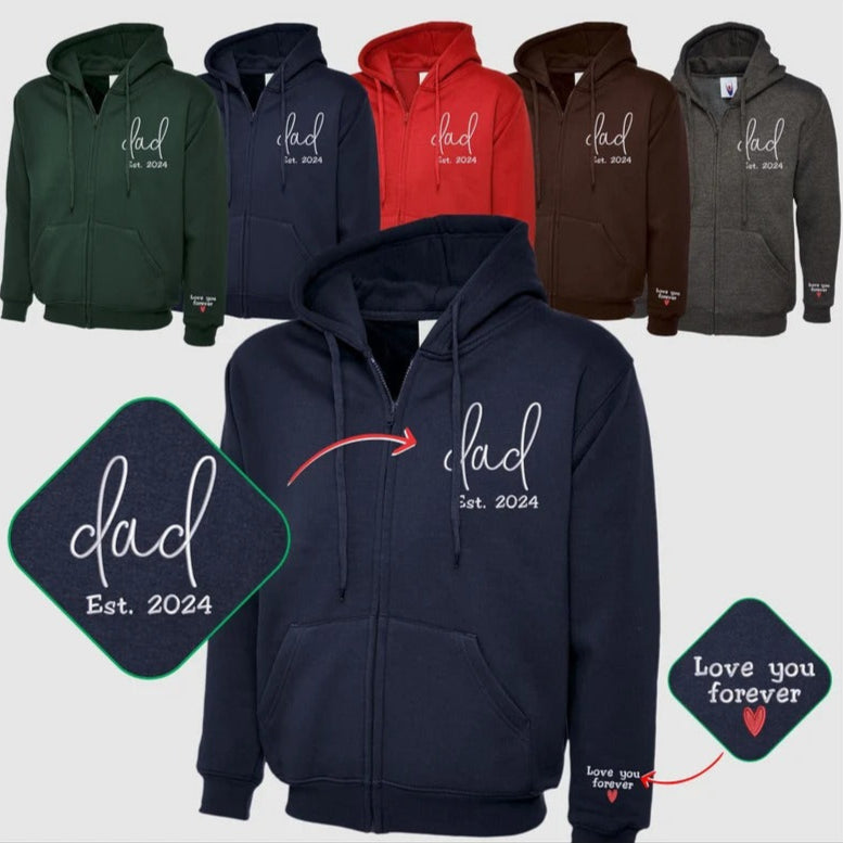 Embroidered Dad Zip Up Hoodie, Custom Text with Heart on Sleeve Jumpers, Personalized Est Date Dad Hoody, Father Day Gifts for Grandfather