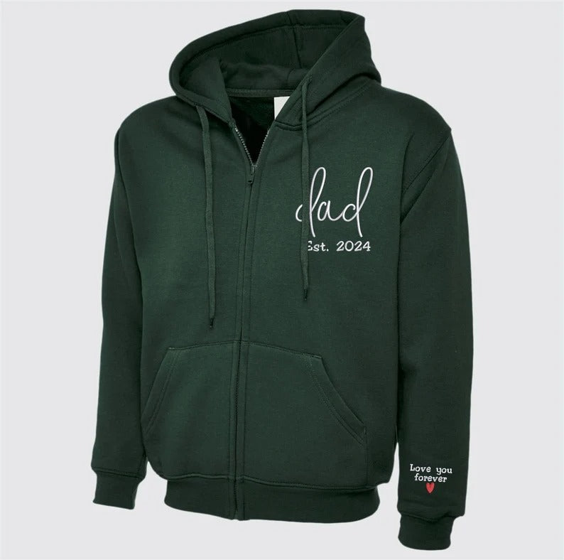 Embroidered Dad Zip Up Hoodie, Custom Text with Heart on Sleeve Jumpers, Personalized Est Date Dad Hoody, Father Day Gifts for Grandfather