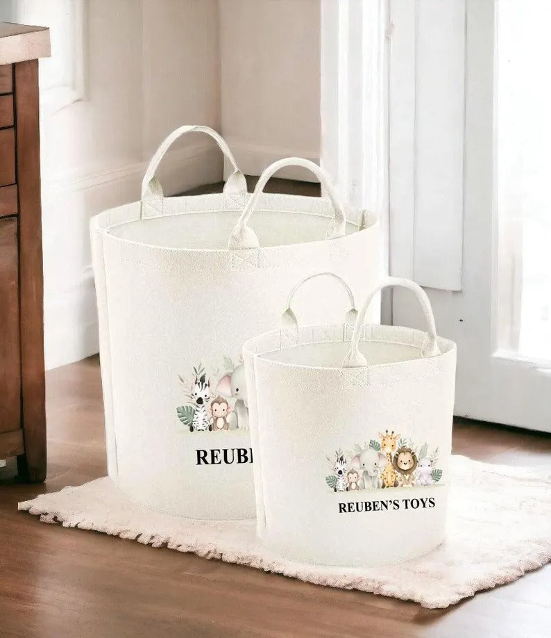 Personalized Safari Children's Storage Baskets | Jungle Animal Toy Organizer | Custom Name Bin | Kids Room Pet Baskets | Baby Shower Gifts