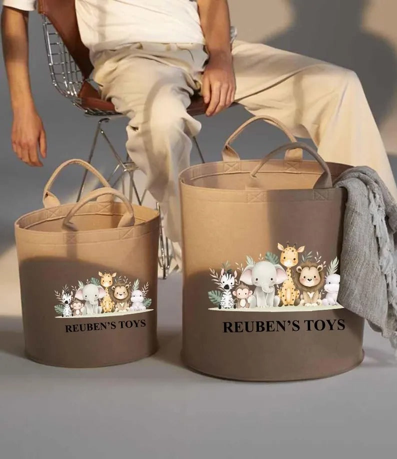 Personalized Safari Children's Storage Baskets | Jungle Animal Toy Organizer | Custom Name Bin | Kids Room Pet Baskets | Baby Shower Gifts