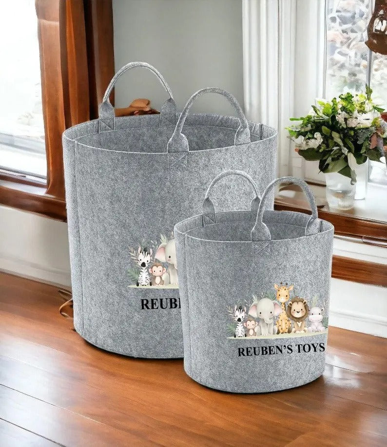 Personalized Safari Children's Storage Baskets | Jungle Animal Toy Organizer | Custom Name Bin | Kids Room Pet Baskets | Baby Shower Gifts