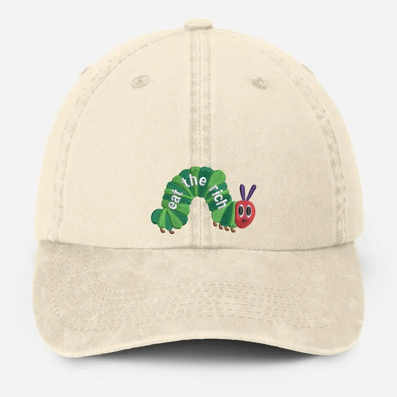 Embroidered Eat The Rich Hat, Funny Hungry Caterpillar Baseball Cap, Vintage Embroidered Animal Hat, Bookish Hat, Activist Hat, Gift for Her