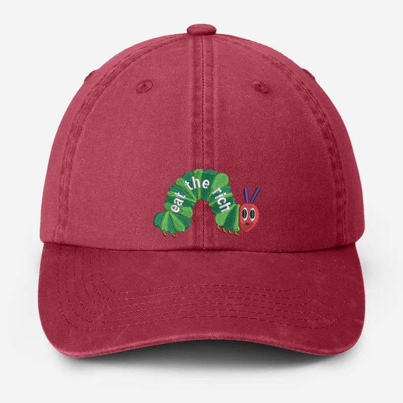 Embroidered Eat The Rich Hat, Funny Hungry Caterpillar Baseball Cap, Vintage Embroidered Animal Hat, Bookish Hat, Activist Hat, Gift for Her