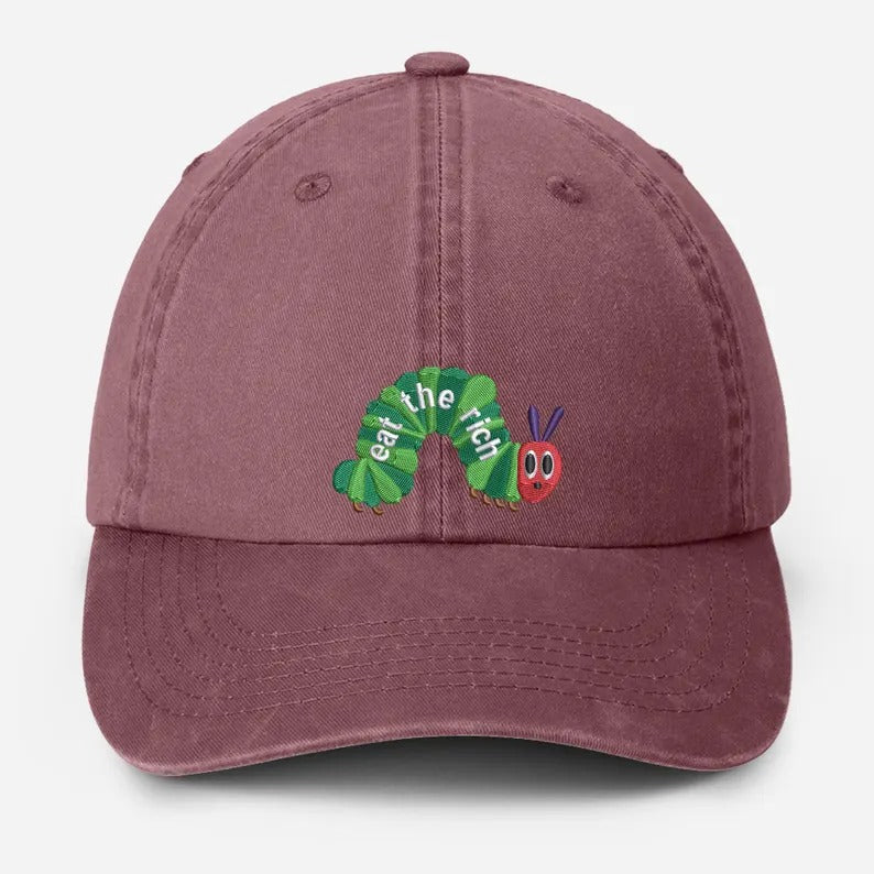 Embroidered Eat The Rich Hat, Funny Hungry Caterpillar Baseball Cap, Vintage Embroidered Animal Hat, Bookish Hat, Activist Hat, Gift for Her