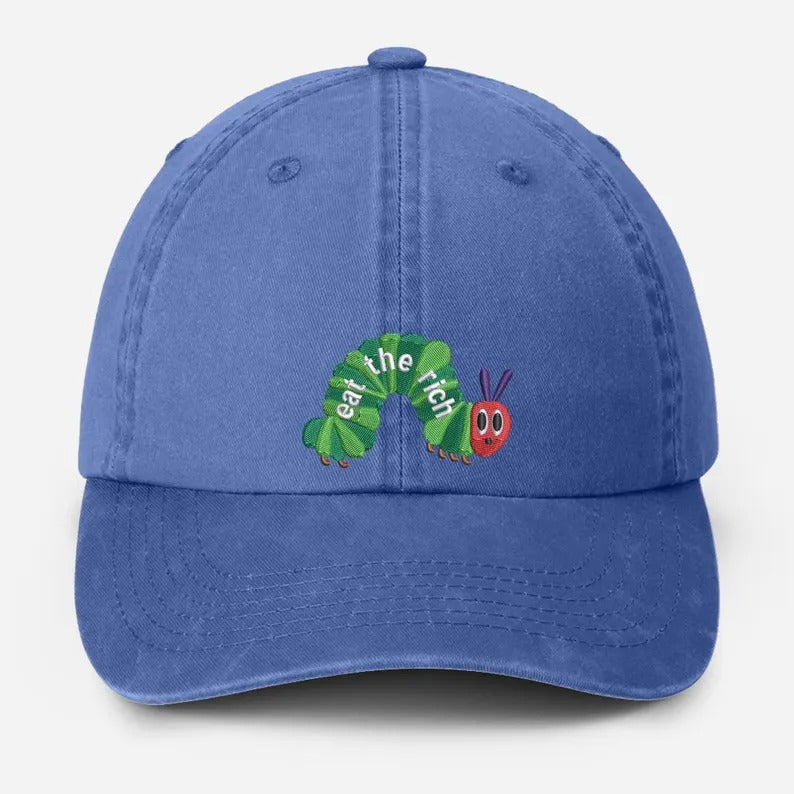 Embroidered Eat The Rich Hat, Funny Hungry Caterpillar Baseball Cap, Vintage Embroidered Animal Hat, Bookish Hat, Activist Hat, Gift for Her