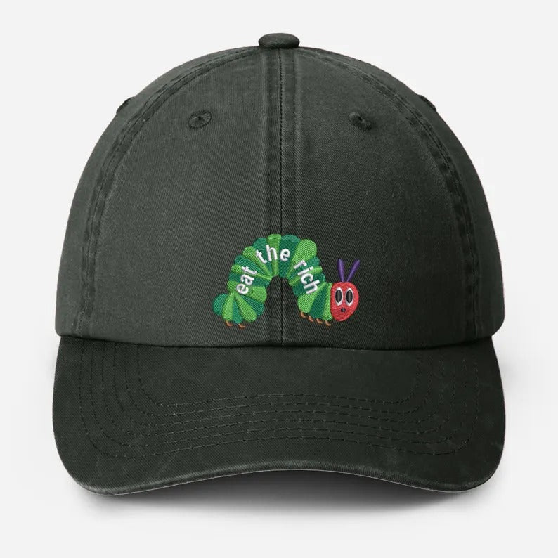 Embroidered Eat The Rich Hat, Funny Hungry Caterpillar Baseball Cap, Vintage Embroidered Animal Hat, Bookish Hat, Activist Hat, Gift for Her