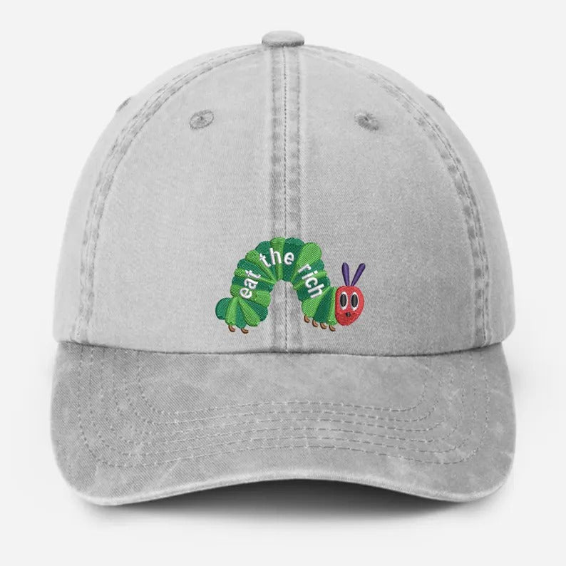 Embroidered Eat The Rich Hat, Funny Hungry Caterpillar Baseball Cap, Vintage Embroidered Animal Hat, Bookish Hat, Activist Hat, Gift for Her