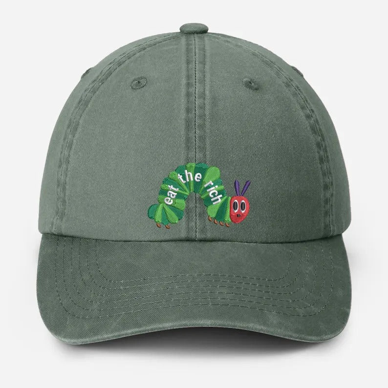 Embroidered Eat The Rich Hat, Funny Hungry Caterpillar Baseball Cap, Vintage Embroidered Animal Hat, Bookish Hat, Activist Hat, Gift for Her