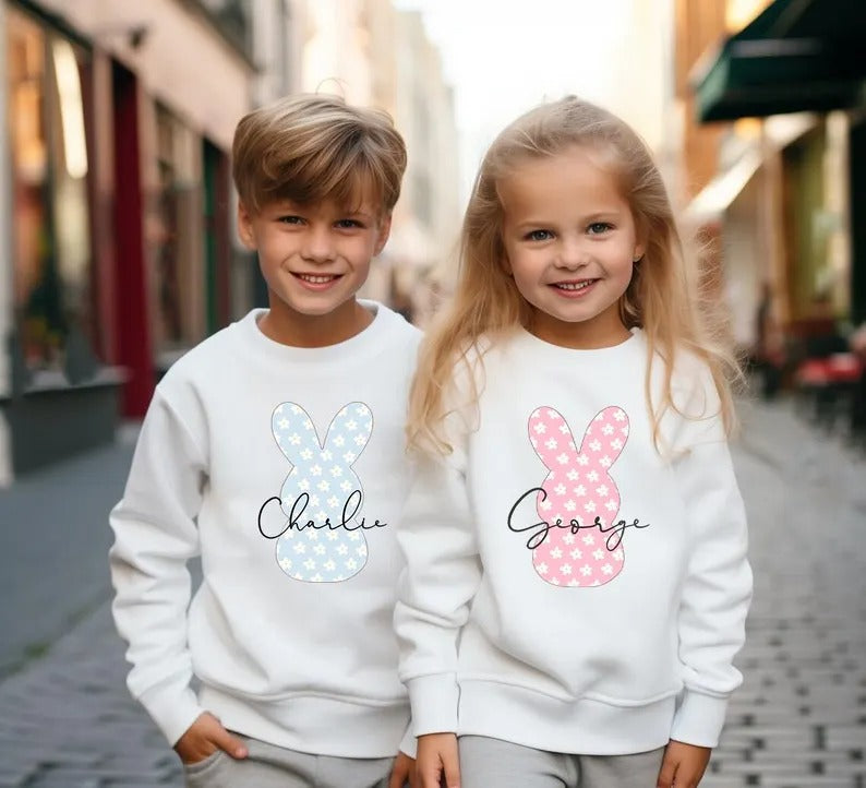 Personalized Easter Kids Sweatshirt, Custom Name Easter Bunny Printed Crewnecks, Kids Matching Outfits, Easter Gifts, Egg Hunt Tops for Kids