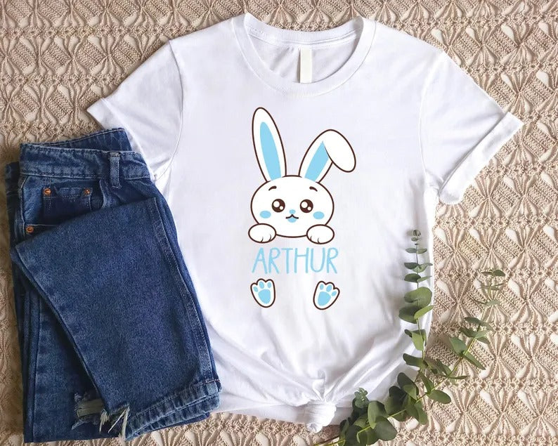 Personalised Name Kids Easter T-Shirt, Custom Easter Bunny Tee Tops, Cute Egg Hunt Outfit, Cute Spring Toddler Shirt, Easter Gifts for Kids