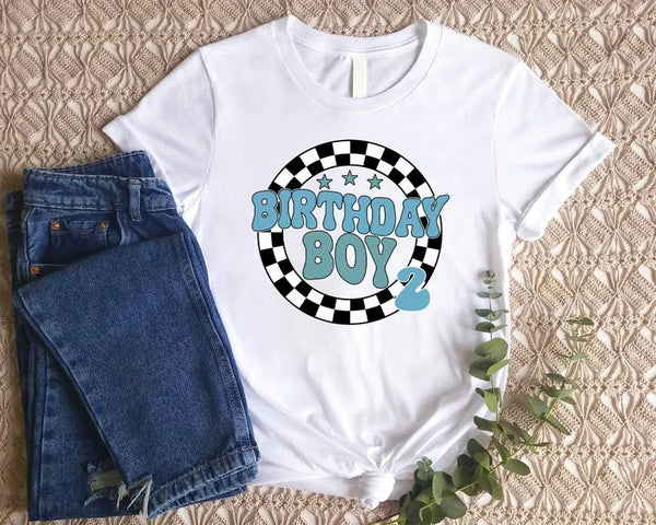 Personalised Birthday Boy T-Shirt, Retro Racing Checkered Flag Tees, Kids Race Car Birthday Outfits, Boys Racing Party Shirt, Birthday Gifts