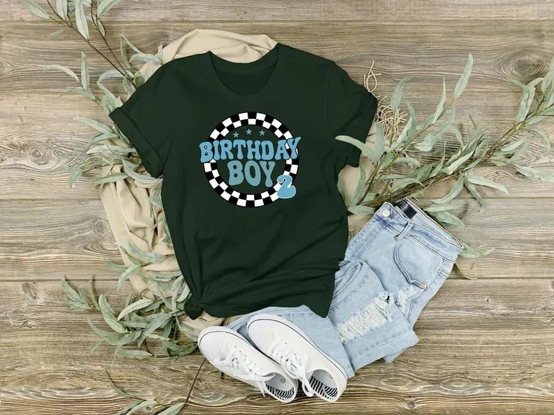Personalised Birthday Boy T-Shirt, Retro Racing Checkered Flag Tees, Kids Race Car Birthday Outfits, Boys Racing Party Shirt, Birthday Gifts