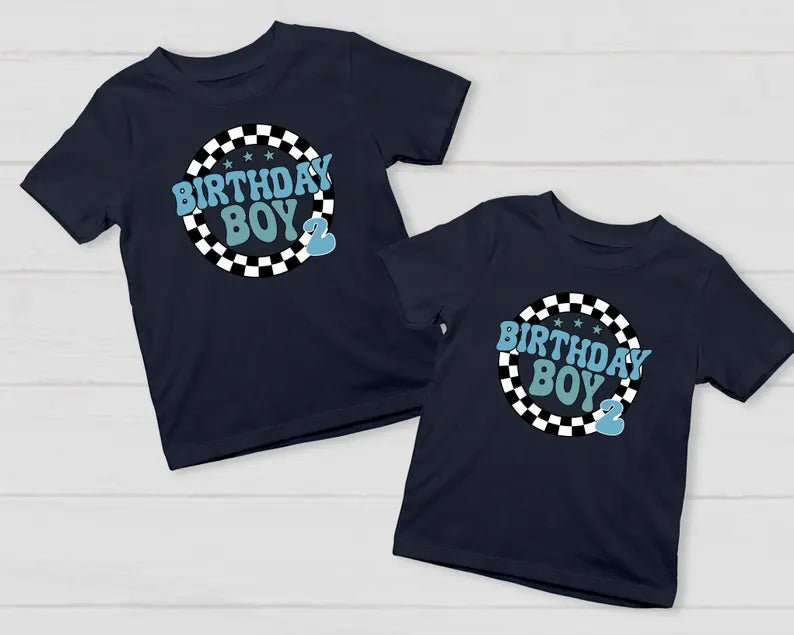 Personalised Birthday Boy T-Shirt, Retro Racing Checkered Flag Tees, Kids Race Car Birthday Outfits, Boys Racing Party Shirt, Birthday Gifts