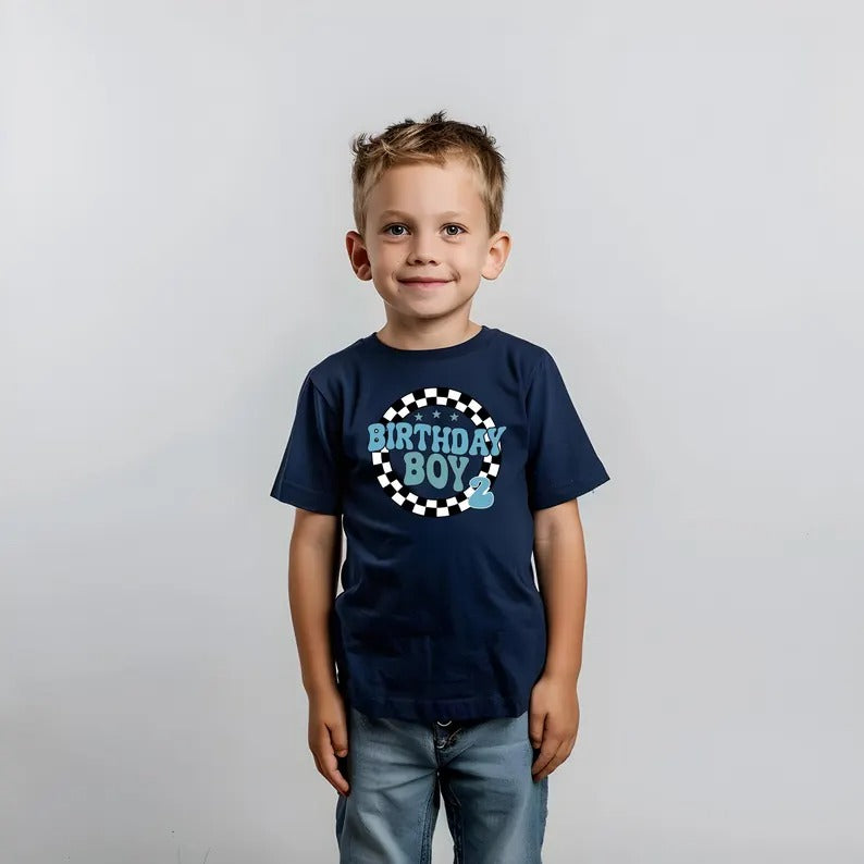 Personalised Birthday Boy T-Shirt, Retro Racing Checkered Flag Tees, Kids Race Car Birthday Outfits, Boys Racing Party Shirt, Birthday Gifts
