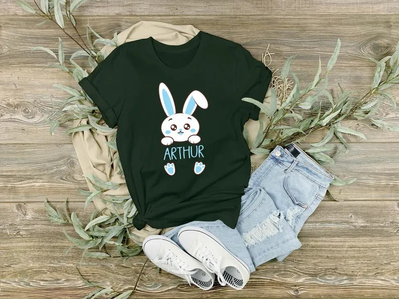 Personalised Name Kids Easter T-Shirt, Custom Easter Bunny Tee Tops, Cute Egg Hunt Outfit, Cute Spring Toddler Shirt, Easter Gifts for Kids