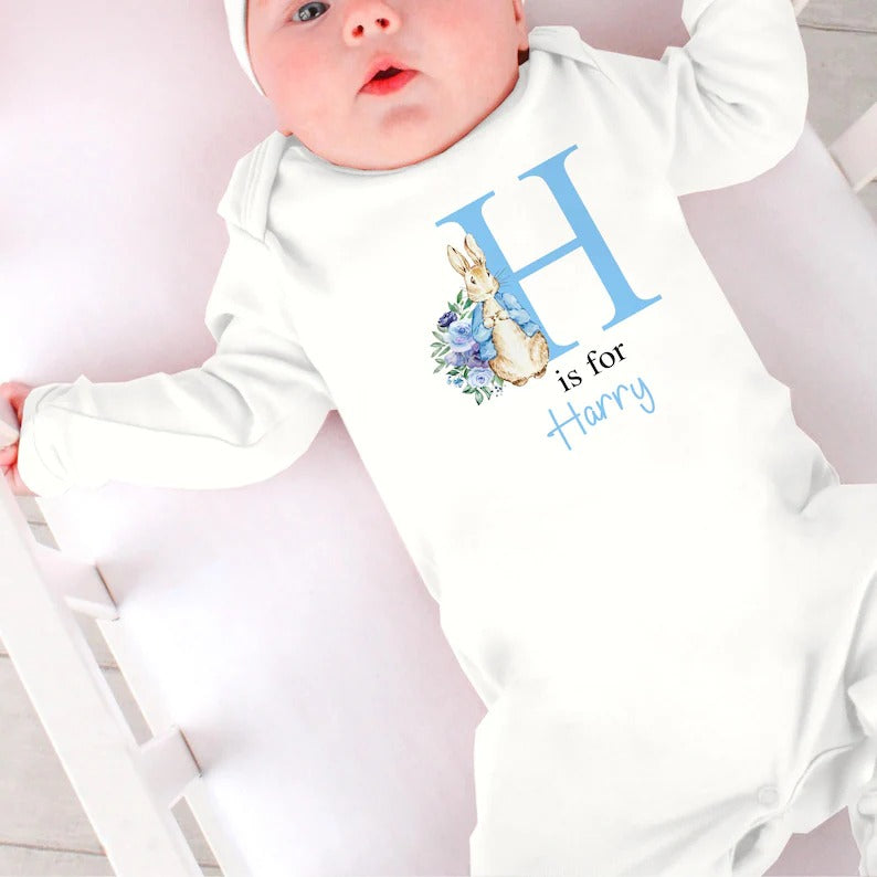 Personalised Baby Grow Sleepsuit, Custom Name & Initial Bunny Romper, Easter Bunny Printed Baby Sleepsuit, Newborn Baby Gifts, Easter Gifts
