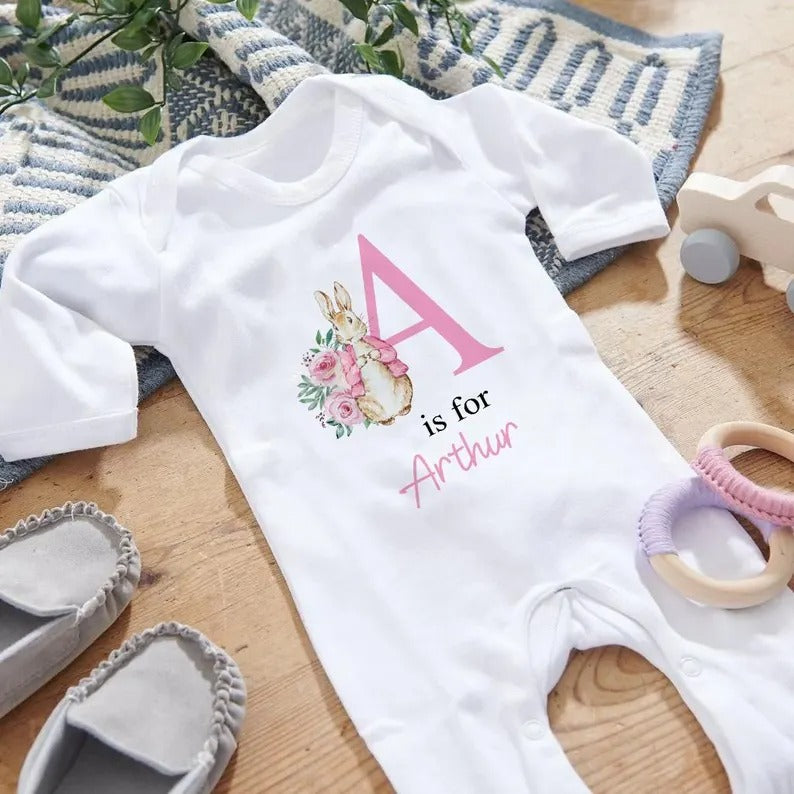 Personalised Baby Grow Sleepsuit, Custom Name & Initial Bunny Romper, Easter Bunny Printed Baby Sleepsuit, Newborn Baby Gifts, Easter Gifts