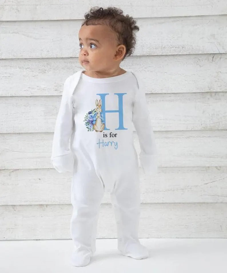 Personalised Baby Grow Sleepsuit, Custom Name & Initial Bunny Romper, Easter Bunny Printed Baby Sleepsuit, Newborn Baby Gifts, Easter Gifts
