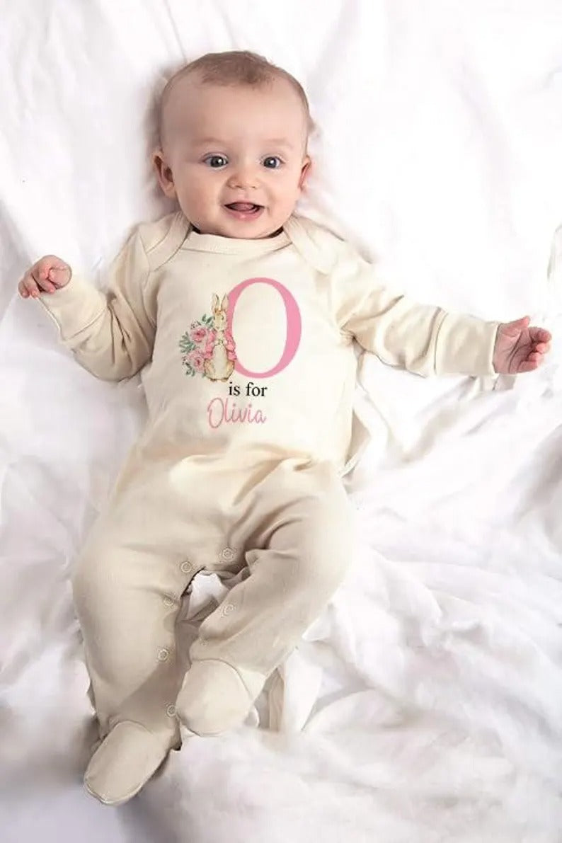 Personalised Baby Grow Sleepsuit, Custom Name & Initial Bunny Romper, Easter Bunny Printed Baby Sleepsuit, Newborn Baby Gifts, Easter Gifts