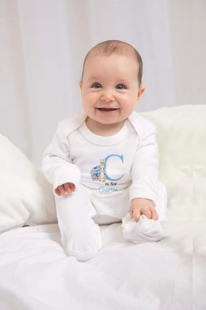 Personalised Baby Grow Sleepsuit, Custom Name & Initial Bunny Romper, Easter Bunny Printed Baby Sleepsuit, Newborn Baby Gifts, Easter Gifts