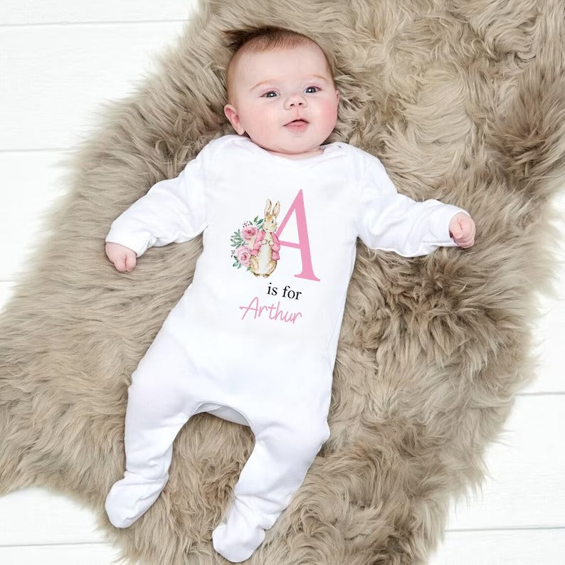 Personalised Baby Grow Sleepsuit, Custom Name & Initial Bunny Romper, Easter Bunny Printed Baby Sleepsuit, Newborn Baby Gifts, Easter Gifts