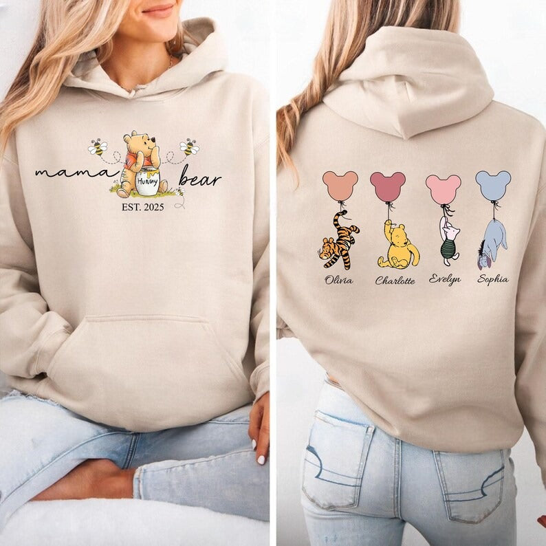 Mama Bear Hoodies, Personalised Mom Hoodies with Kids Names on Back, Mother's Day Gifts, Mom Bear Jumpers, Pregnancy Reveal Gift for New Mom