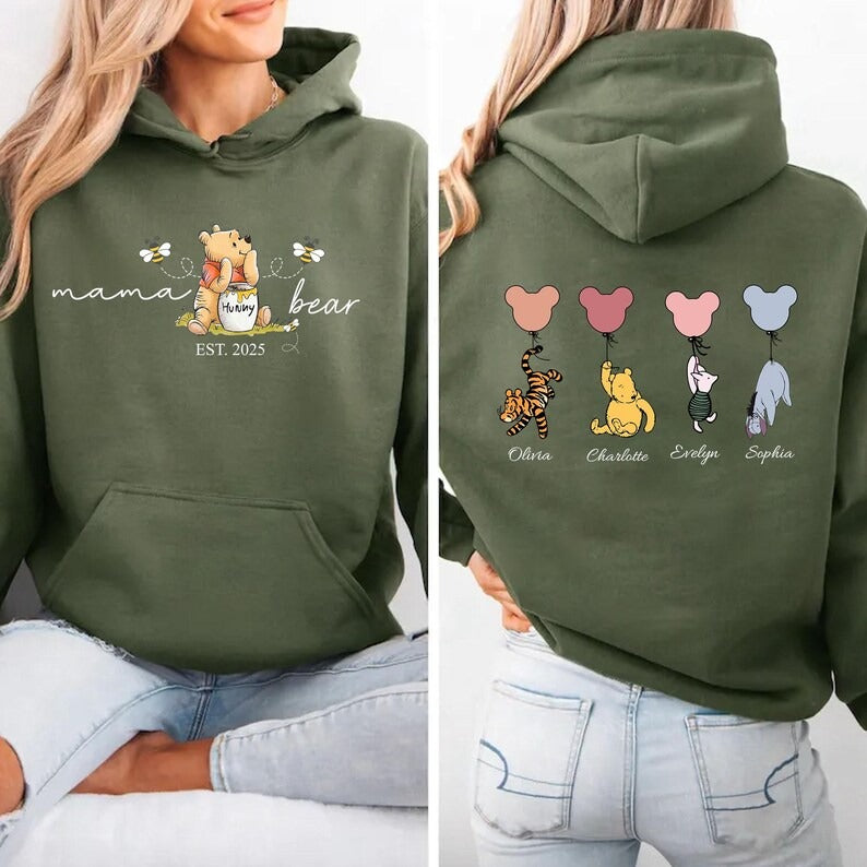 Mama Bear Hoodies, Personalised Mom Hoodies with Kids Names on Back, Mother's Day Gifts, Mom Bear Jumpers, Pregnancy Reveal Gift for New Mom