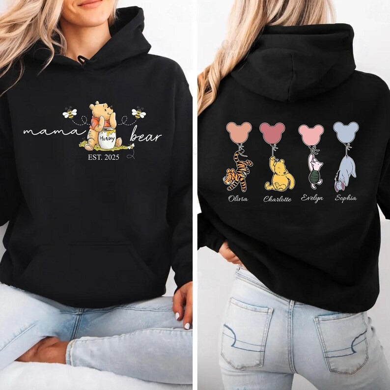 Mama Bear Hoodies, Personalised Mom Hoodies with Kids Names on Back, Mother's Day Gifts, Mom Bear Jumpers, Pregnancy Reveal Gift for New Mom