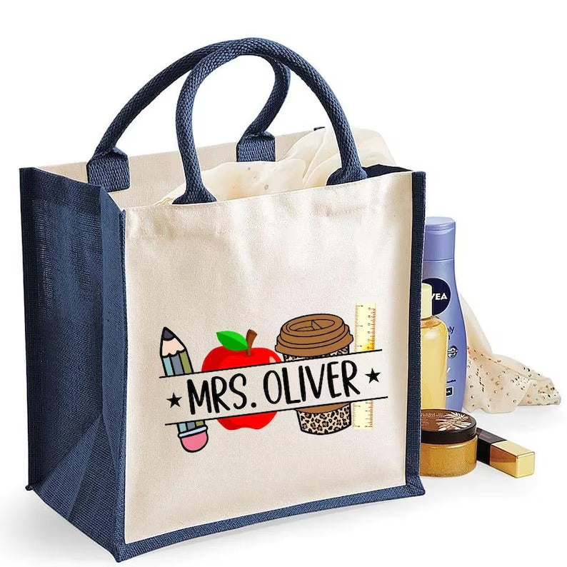 Personalised Teacher Cotton Canvas Tote, Custom Teacher Name Printed Bag, End of Term Teacher Bag, Teacher Appreciation Tote, Teachers Gift