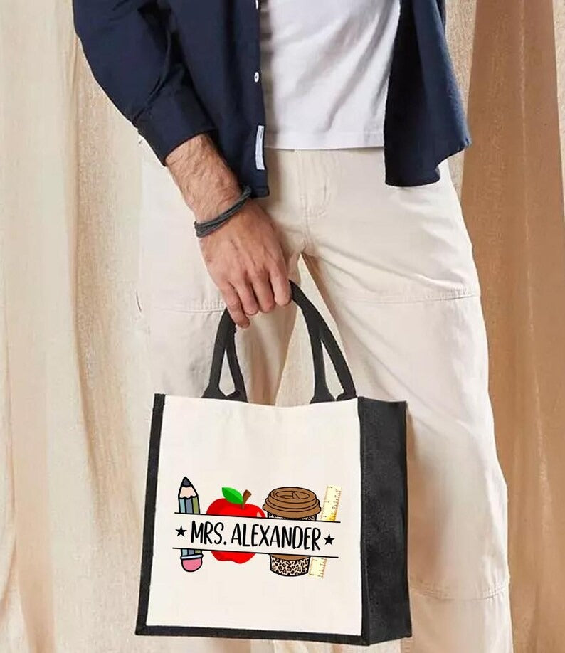 Personalised Teacher Cotton Canvas Tote, Custom Teacher Name Printed Bag, End of Term Teacher Bag, Teacher Appreciation Tote, Teachers Gift